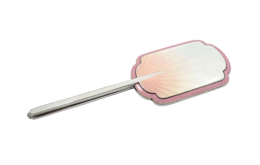 Antique Art Deco Sterling Silver & Pink Enamel Hand Mirror 1939 View V