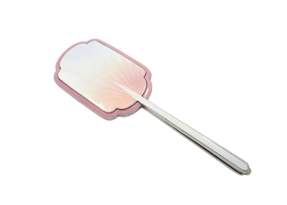 Antique Art Deco Sterling Silver & Pink Enamel Hand Mirror 1939 View VII