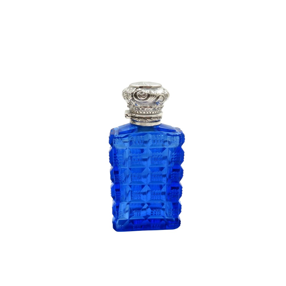 Antique Silver & Blue Cut Glass Perfume / Scent Bottle c1900
