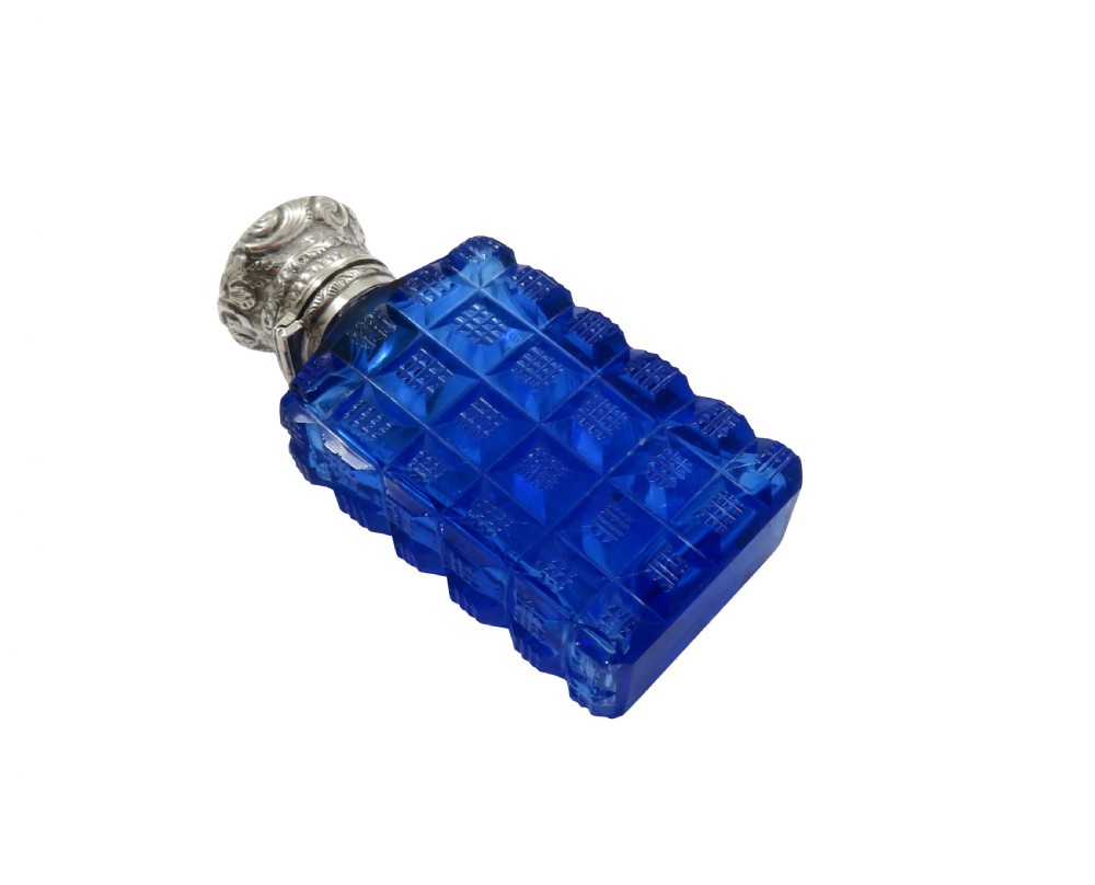 Antique Silver & Blue Cut Glass Perfume / Scent Bottle c1900 View VI