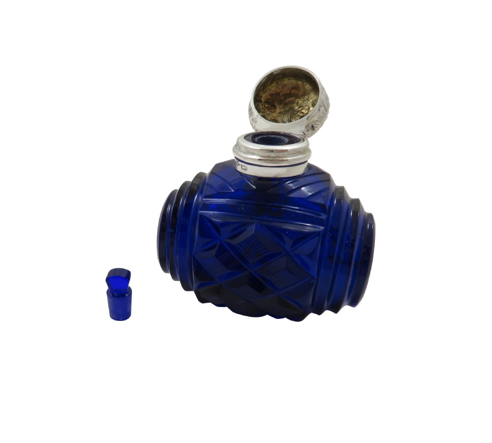 Antique Victorian Sterling Silver & Blue Cut Glass Scent / Perfume Bottle 1897 View II
