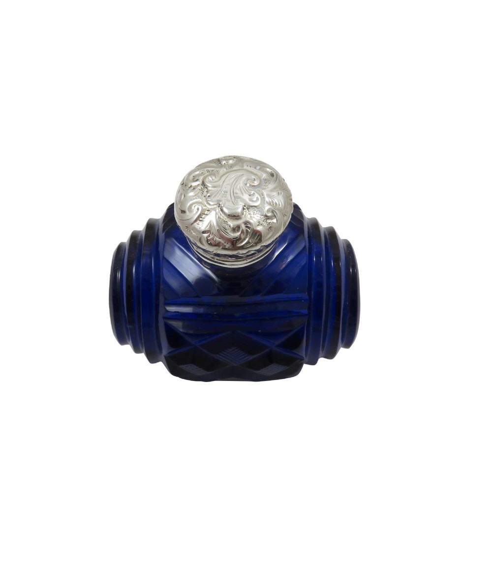 Antique Victorian Sterling Silver & Blue Cut Glass Scent / Perfume Bottle 1897 View III