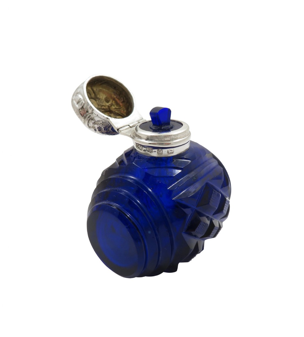 Antique Victorian Sterling Silver & Blue Cut Glass Scent / Perfume Bottle 1897 View V
