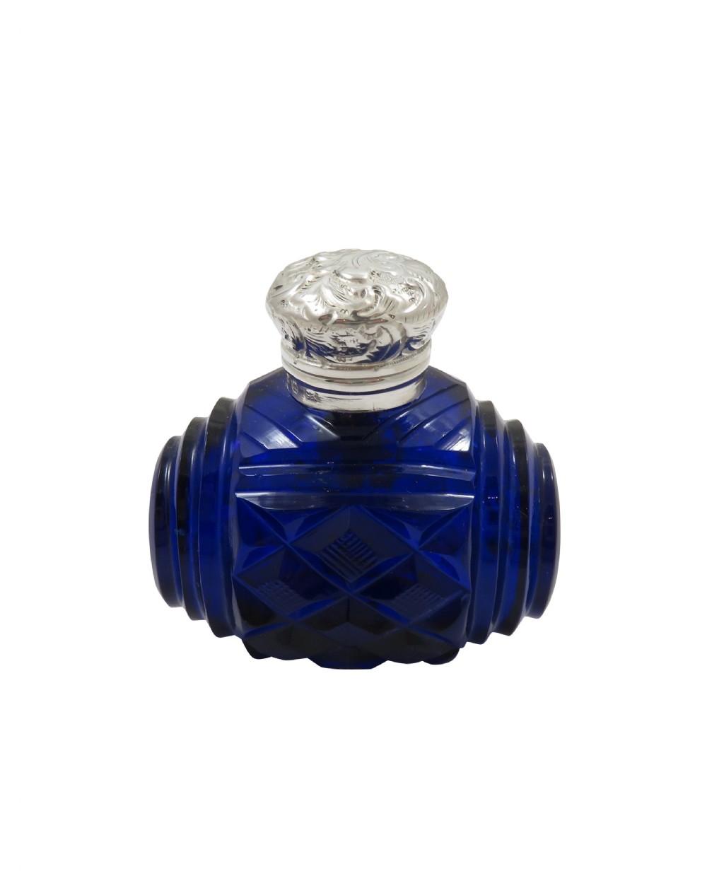 Antique Victorian Sterling Silver & Blue Cut Glass Scent / Perfume Bottle 1897 View VIII