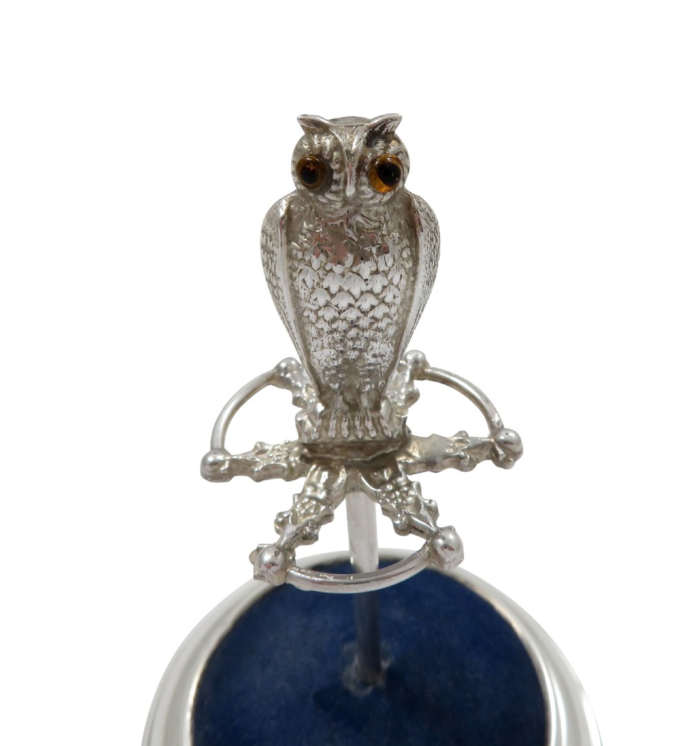 Antique Edwardian Sterling Silver Owl Hat Pin Stand 1908 View IV