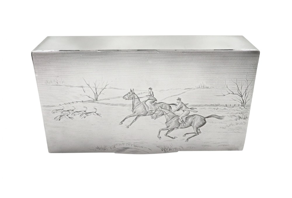 Antique Sterling Silver Cigarette / Table Box with Hunting Scene 1939 View II