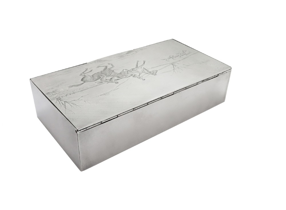Antique Sterling Silver Cigarette / Table Box with Hunting Scene 1939 View V