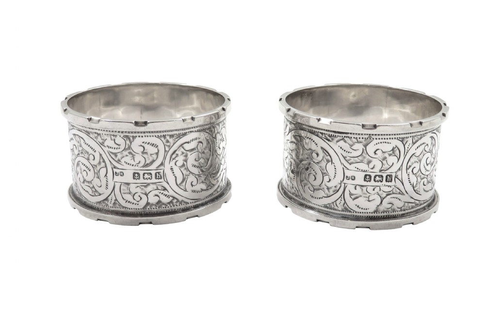 Pair of Antique Edwardian Sterling Silver Napkin Rings in Case 1907 View V