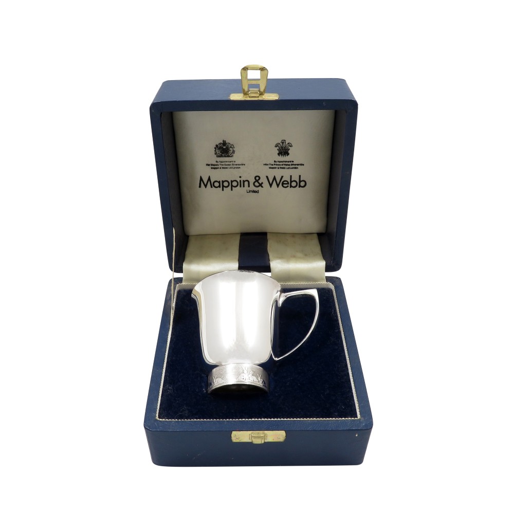 Vintage Sterling Silver 'Rabbits' Christening Mug in Case - Mappin & Webb