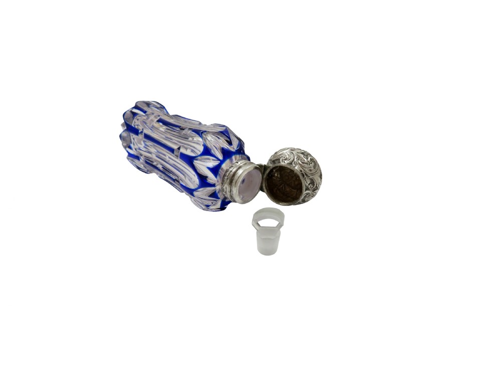 Antique Victorian Silver & Blue Overlay Cut Glass Scent / Perfume Bottle  View III
