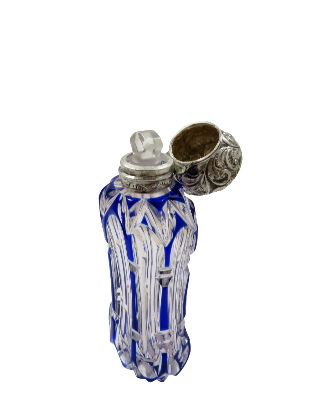 Antique Victorian Silver & Blue Overlay Cut Glass Scent / Perfume Bottle  View VII