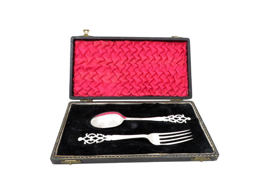 Antique Victorian Sterling Silver Spoon & Fork Christening Set in Case 1896/97 View IX
