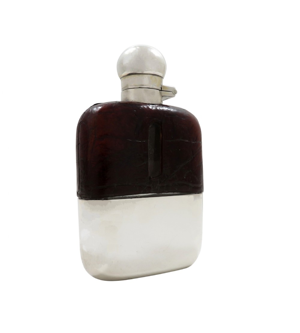 Antique Sterling Silver & Crocodile Leather Hip Flask 1938 View V