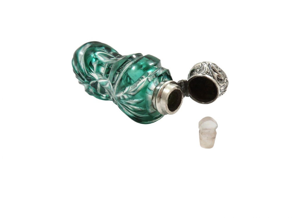 Antique Victorian Silver & Green Overlay Cut Glass Scent / Perfume Bottle c1890 View II