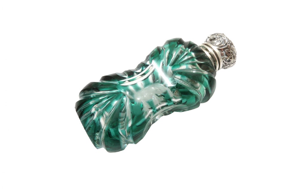Antique Victorian Silver & Green Overlay Cut Glass Scent / Perfume Bottle c1890 View V
