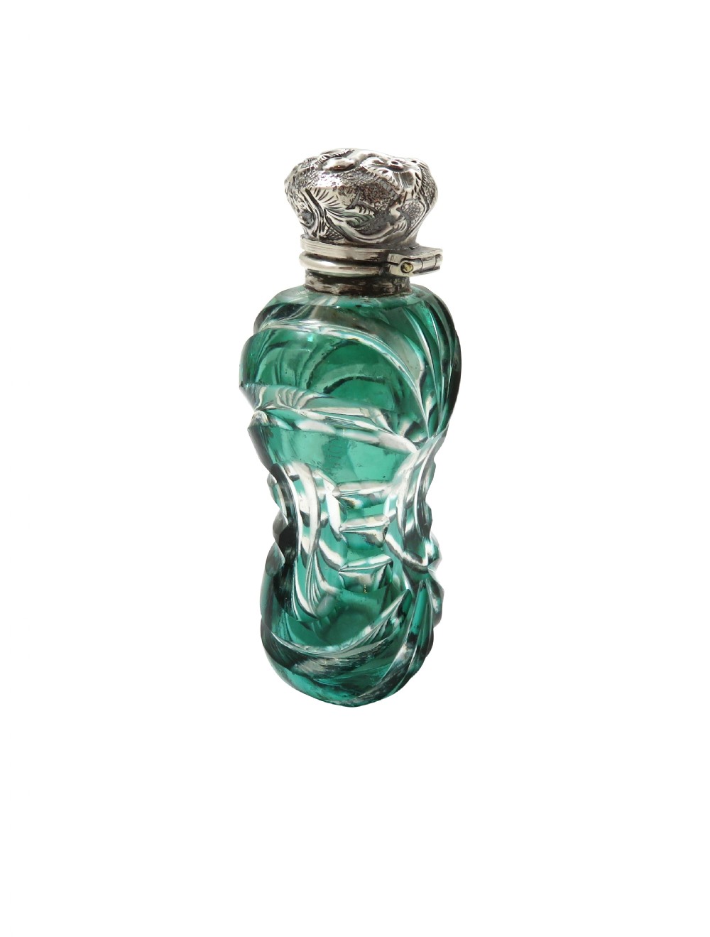 Antique Victorian Silver & Green Overlay Cut Glass Scent / Perfume Bottle c1890 View VII