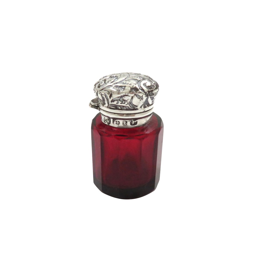 Antique Victorian Sterling Silver & Cranberry Glass Scent / Perfume Bottle 1893