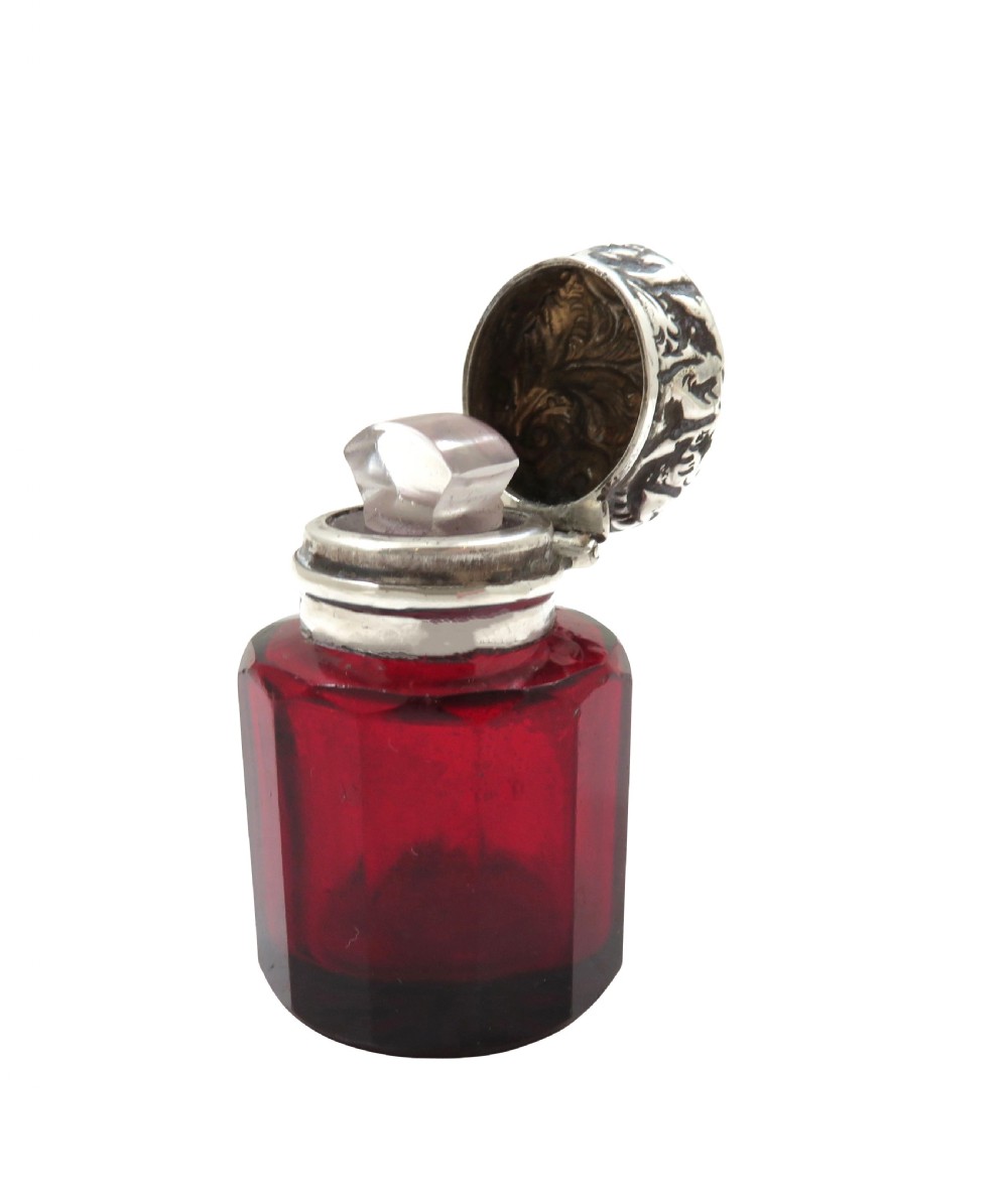 Antique Victorian Sterling Silver & Cranberry Glass Scent / Perfume Bottle 1893 View II