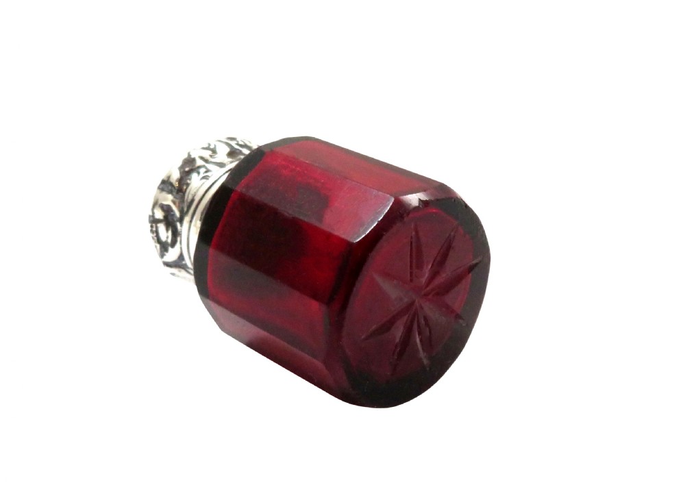 Antique Victorian Sterling Silver & Cranberry Glass Scent / Perfume Bottle 1893 View VII