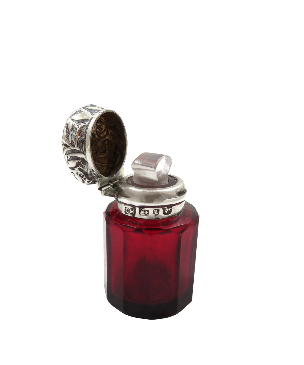 Antique Victorian Sterling Silver & Cranberry Glass Scent / Perfume Bottle 1893 View VIII