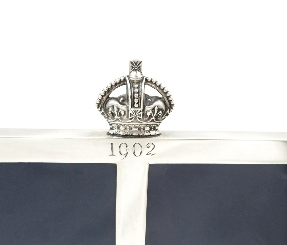 Antique Edwardian Sterling Silver Double Photo Frame 1902 - Coronation Crown View III