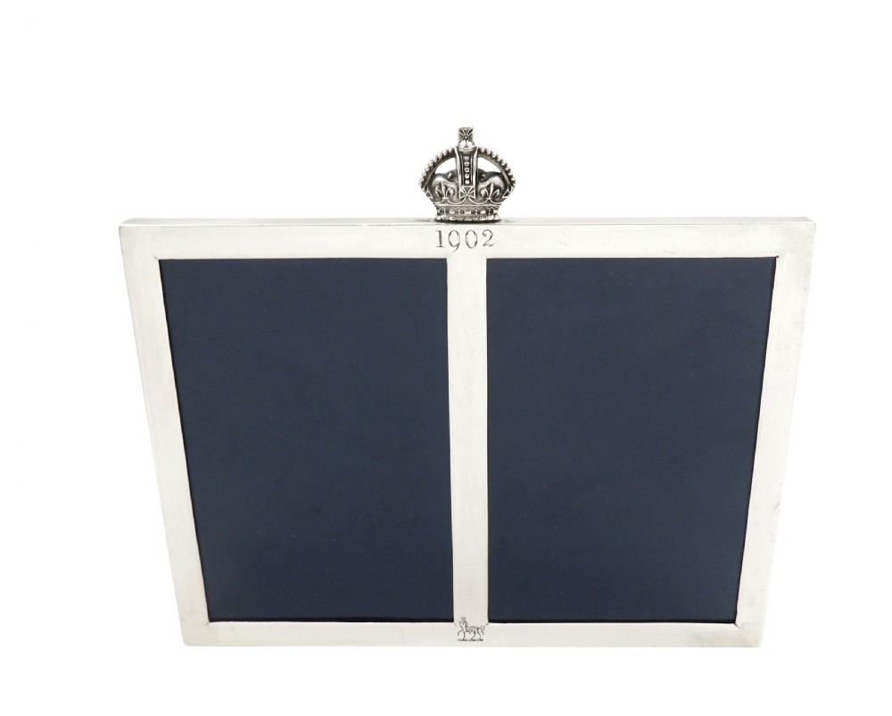 Antique Edwardian Sterling Silver Double Photo Frame 1902 - Coronation Crown View IV