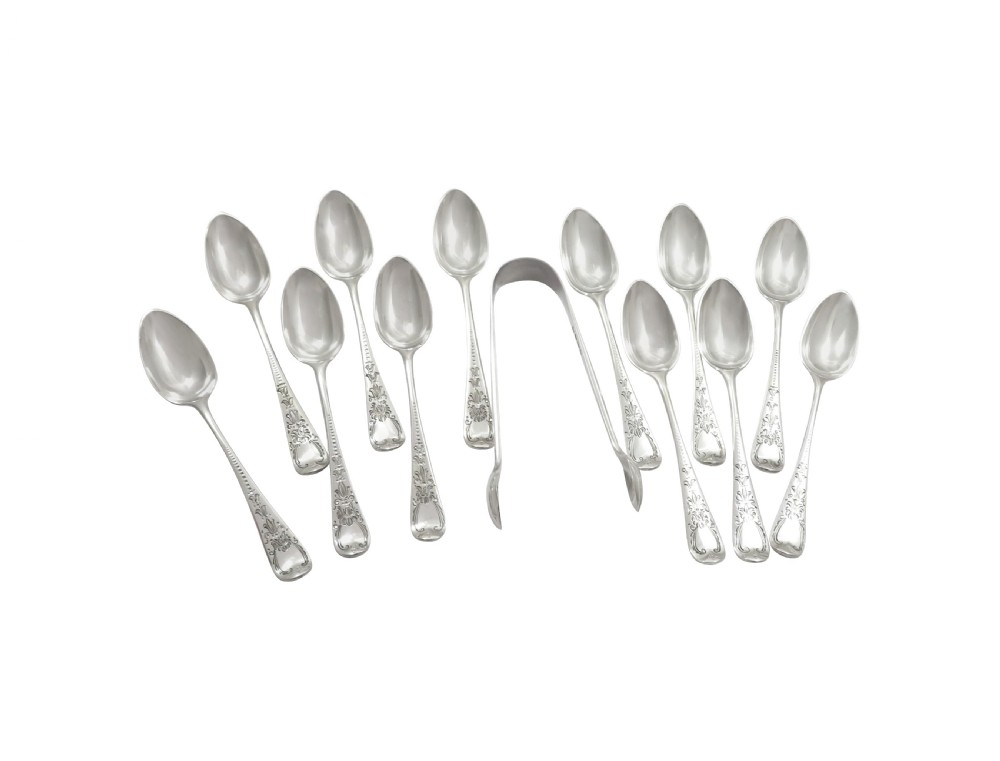 Set of 12 Antique Victorian Sterling Silver Teaspoons & Tongs in Case 1880 View II