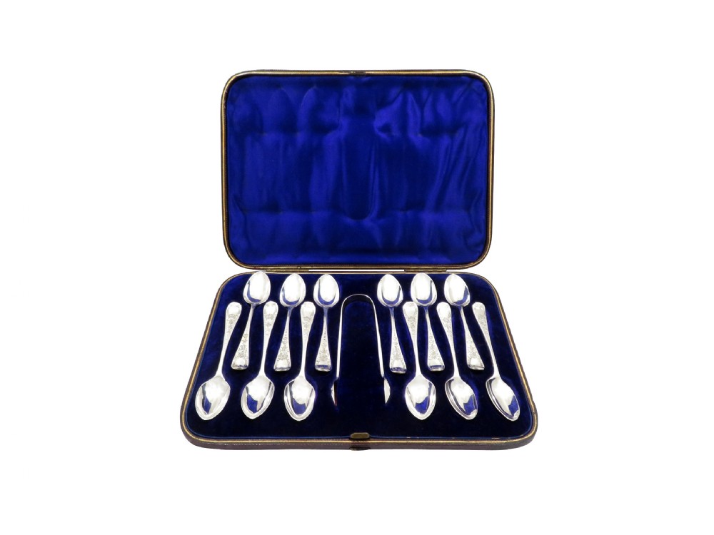 Set of 12 Antique Victorian Sterling Silver Teaspoons & Tongs in Case 1880 View V