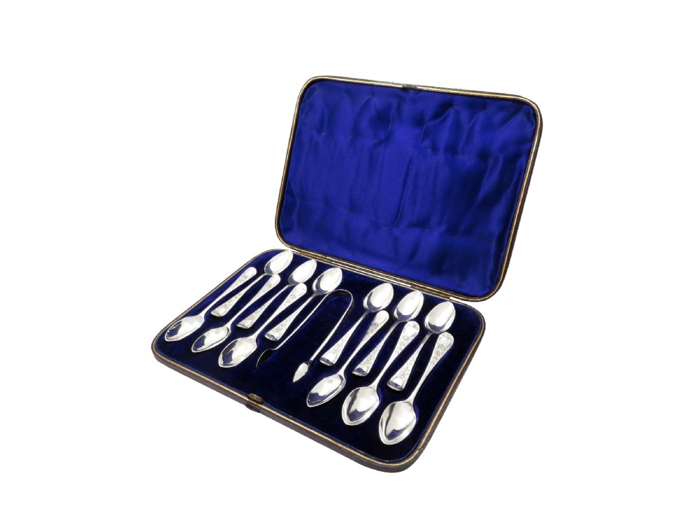 Set of 12 Antique Victorian Sterling Silver Teaspoons & Tongs in Case 1880 View IX