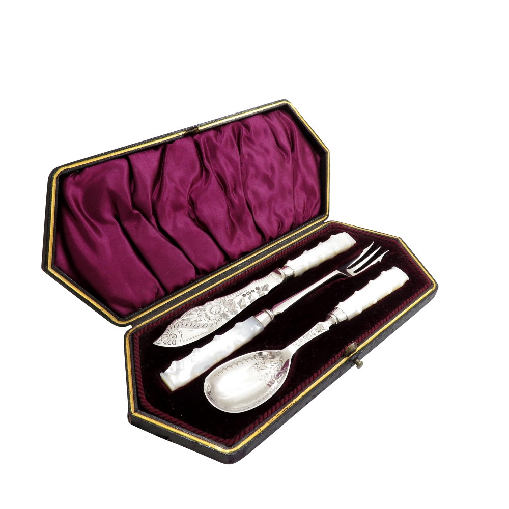 Antique Victorian Sterling Silver Pickle Fork, Jam Spoon, Butter Knife Set in Case 1891/92