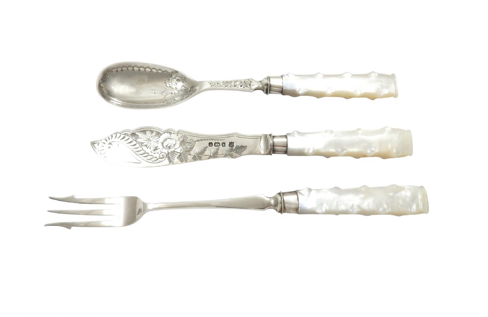 Antique Victorian Sterling Silver Pickle Fork, Jam Spoon, Butter Knife Set in Case 1891/92 View II