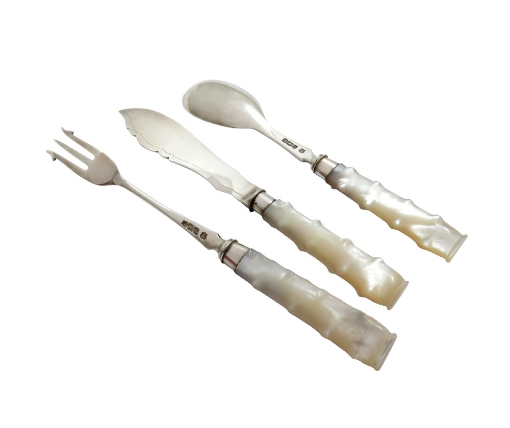 Antique Victorian Sterling Silver Pickle Fork, Jam Spoon, Butter Knife Set in Case 1891/92 View IX