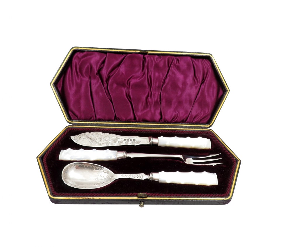 Antique Victorian Sterling Silver Pickle Fork, Jam Spoon, Butter Knife Set in Case 1891/92 View X