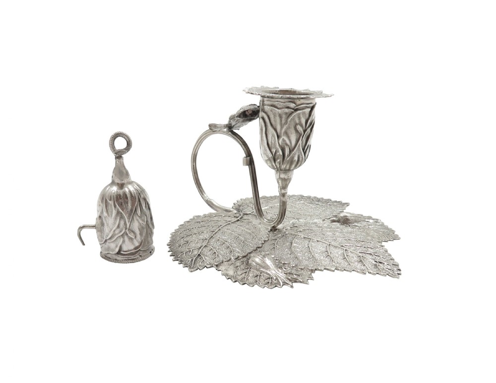 Antique Victorian Sterling Silver Leaf & Birds Chamberstick 1841 View II