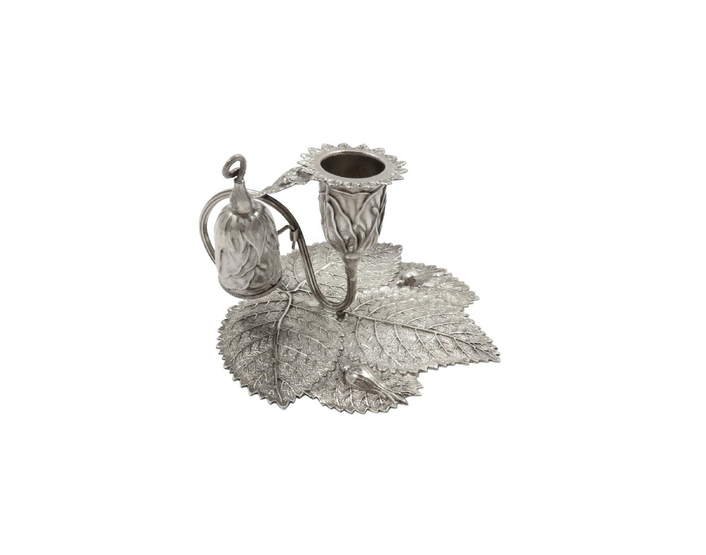 Antique Victorian Sterling Silver Leaf & Birds Chamberstick 1841 View V