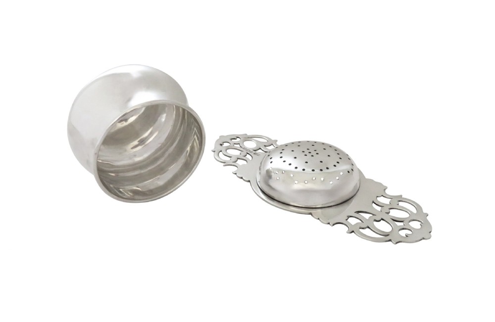 Antique George VI Sterling Silver Tea Strainer & Drip Bowl 1937 View IV