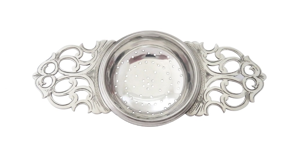 Antique George VI Sterling Silver Tea Strainer & Drip Bowl 1937 View V