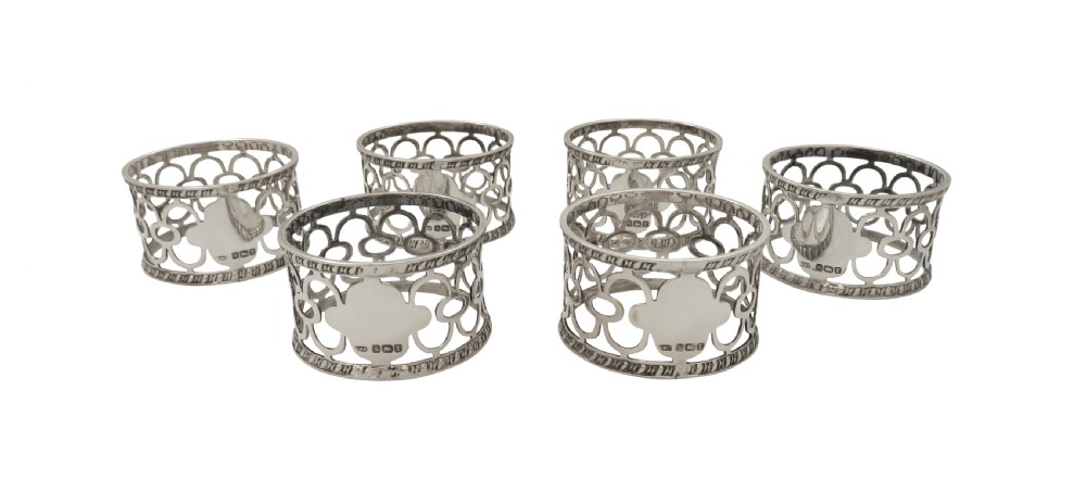 Set of 6 Antique Edwardian Sterling Silver Napkin Rings in Case 1909 View II