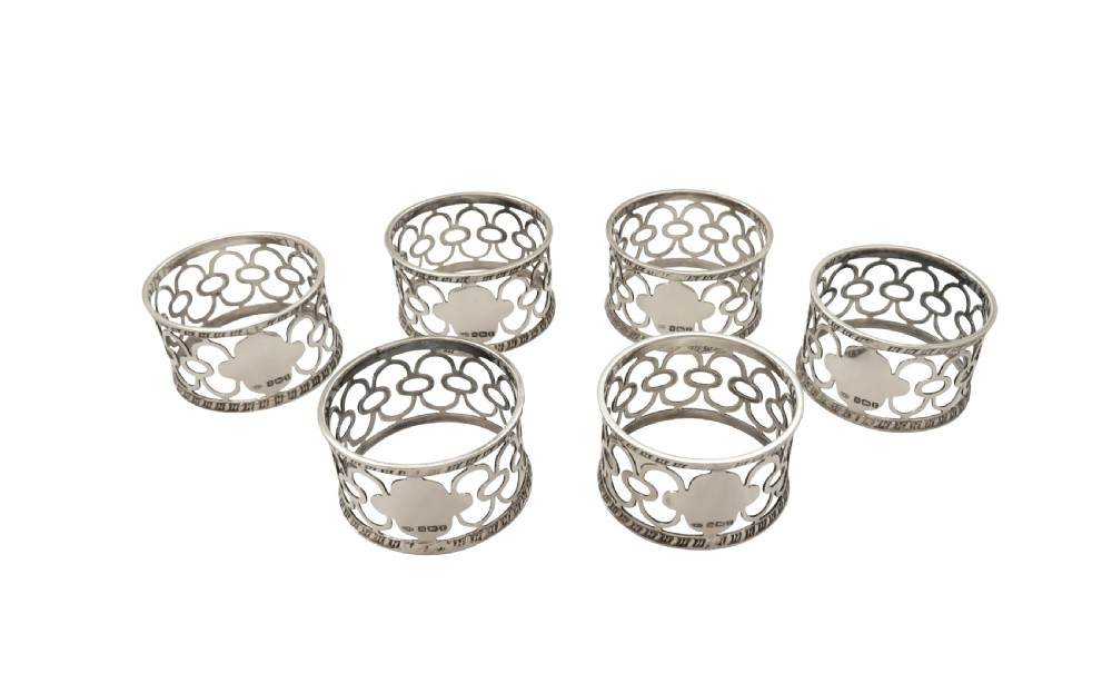 Set of 6 Antique Edwardian Sterling Silver Napkin Rings in Case 1909 View VII