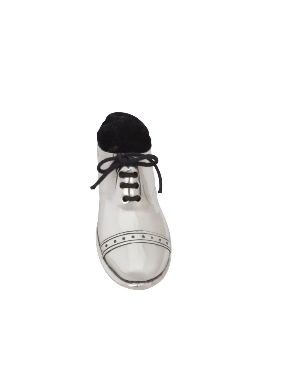 An Edwardian sterling silver pin cushion crafted in the shape of a shoe with a black velvet pad and fabric laces. View II