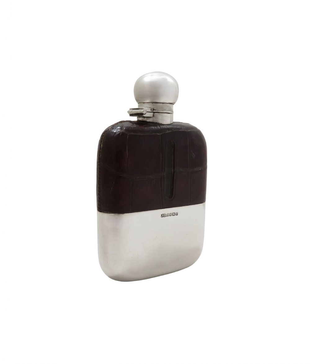 Antique Victorian Sterling Silver & Crocodile Leather Hip Flask 1898 View V