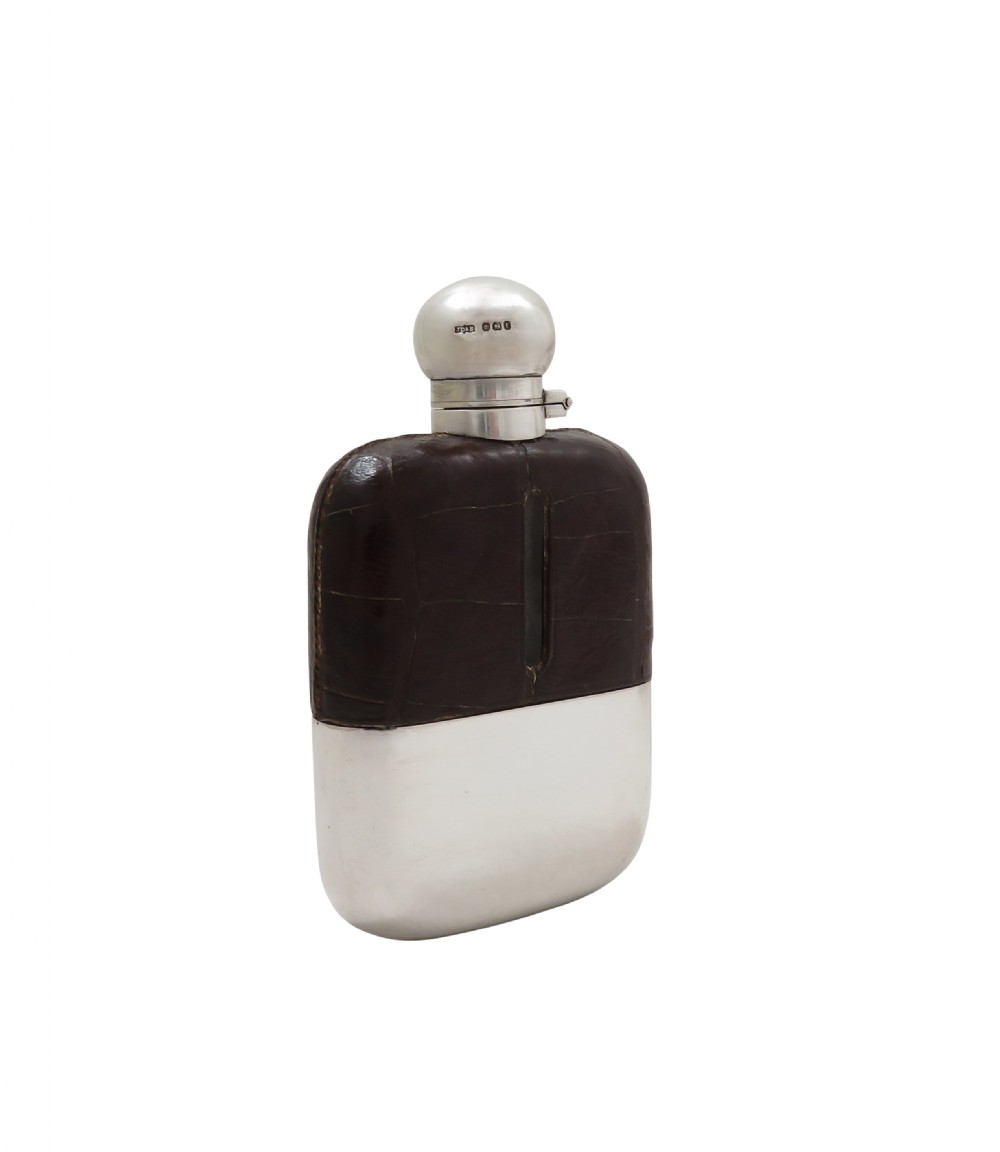 Antique Victorian Sterling Silver & Crocodile Leather Hip Flask 1898 View VII