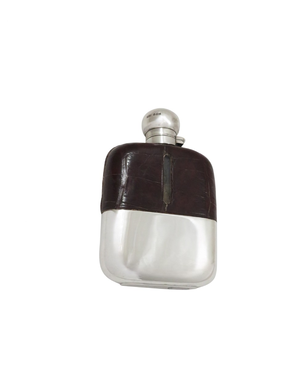 Antique Victorian Sterling Silver & Crocodile Leather Hip Flask 1898 View IX