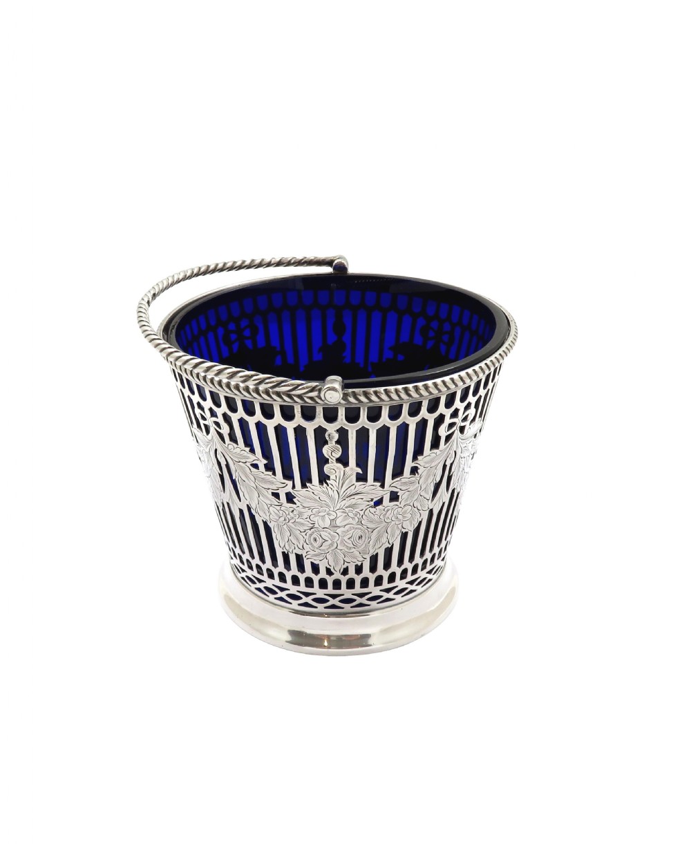 Antique Victorian Sterling Silver Basket with Blue Glass Liner 1869 View III