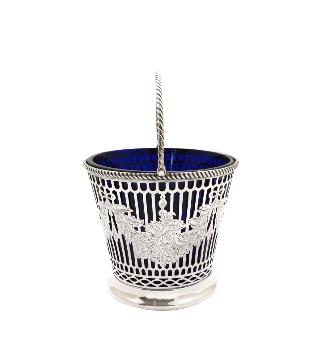 Antique Victorian Sterling Silver Basket with Blue Glass Liner 1869 View V