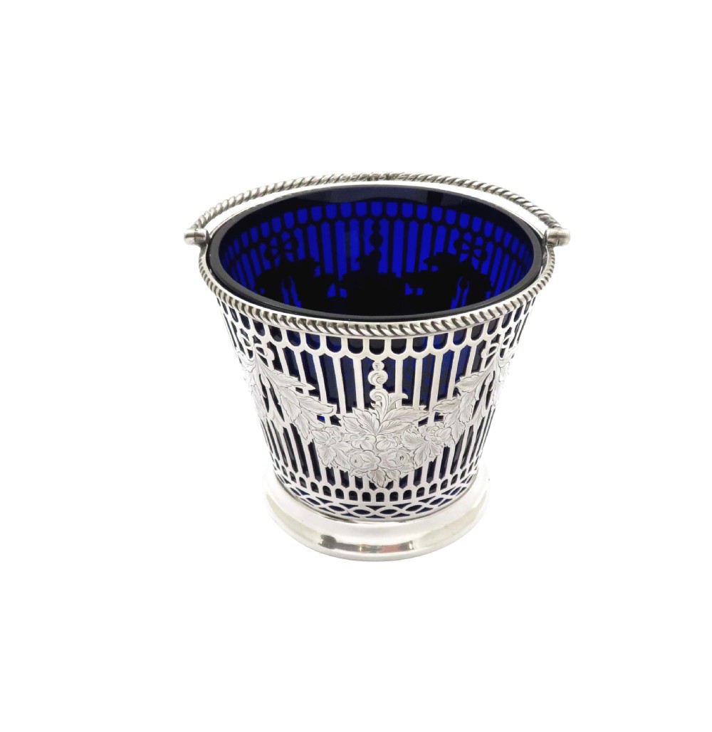 Antique Victorian Sterling Silver Basket with Blue Glass Liner 1869 View VII