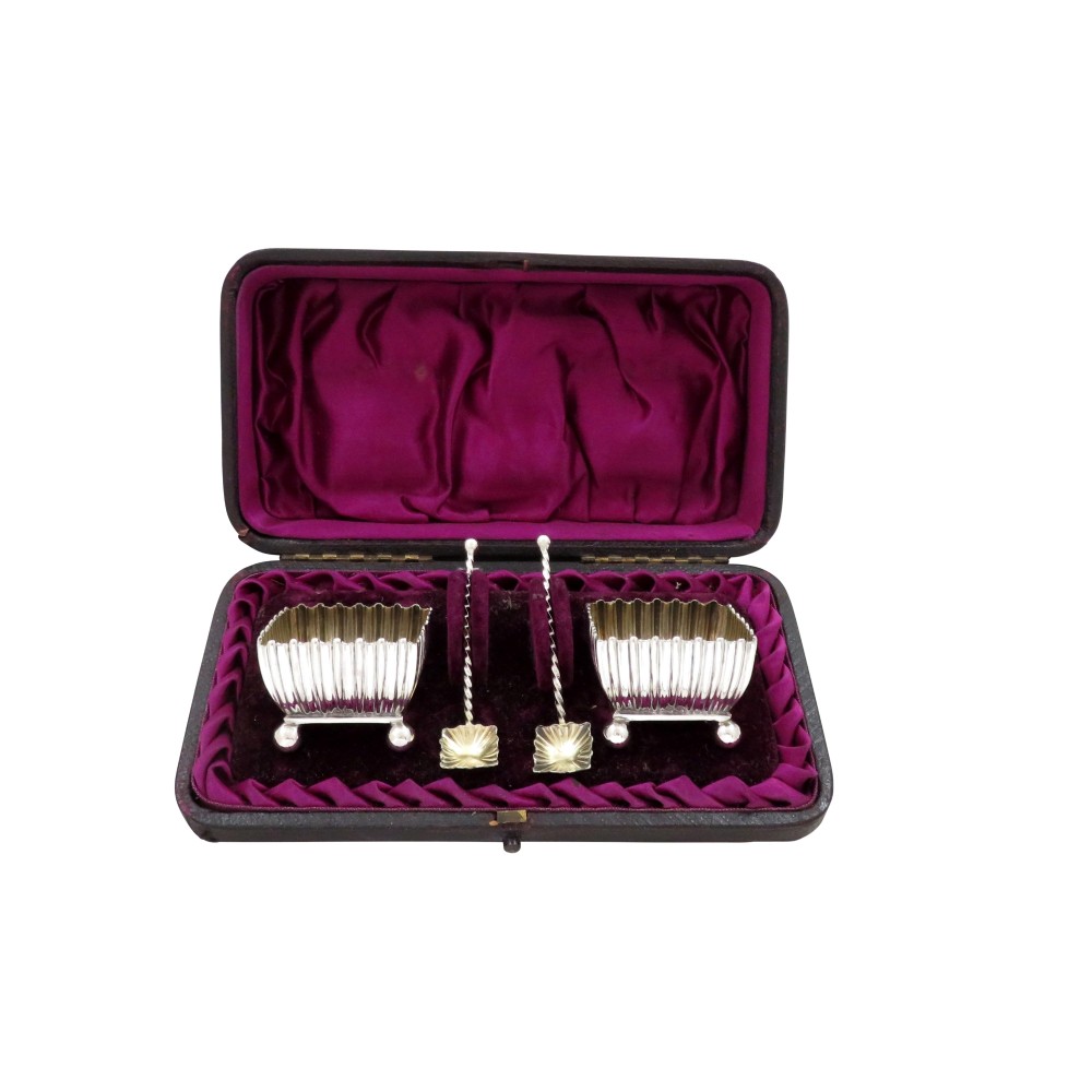 Pair of Antique Victorian Sterling Silver Salts & Spoons in Case 1884