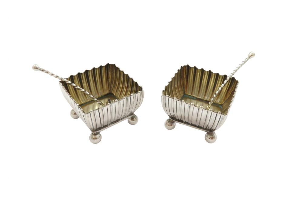 Pair of Antique Victorian Sterling Silver Salts & Spoons in Case 1884 View V
