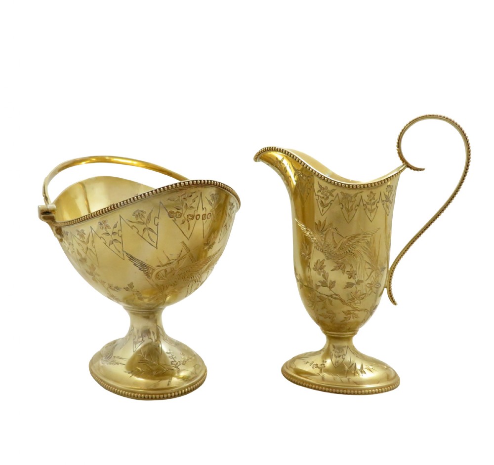 Antique Victorian Solid Silver Gilt 'Birds' Jug & Bowl 1875 View VI