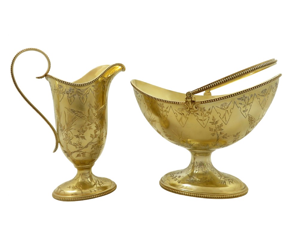 Antique Victorian Solid Silver Gilt 'Birds' Jug & Bowl 1875 View X